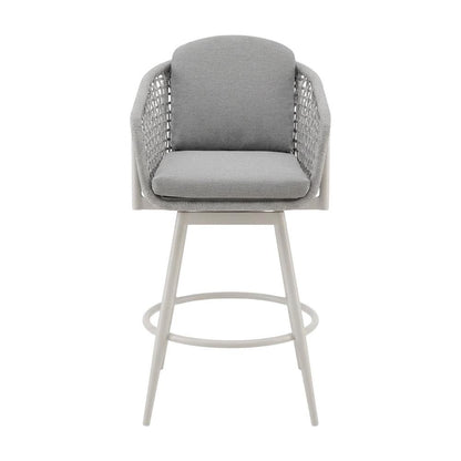 Gray Aluminum Outdoor Bar Stool With Swivel And Light Gray Rope Accents