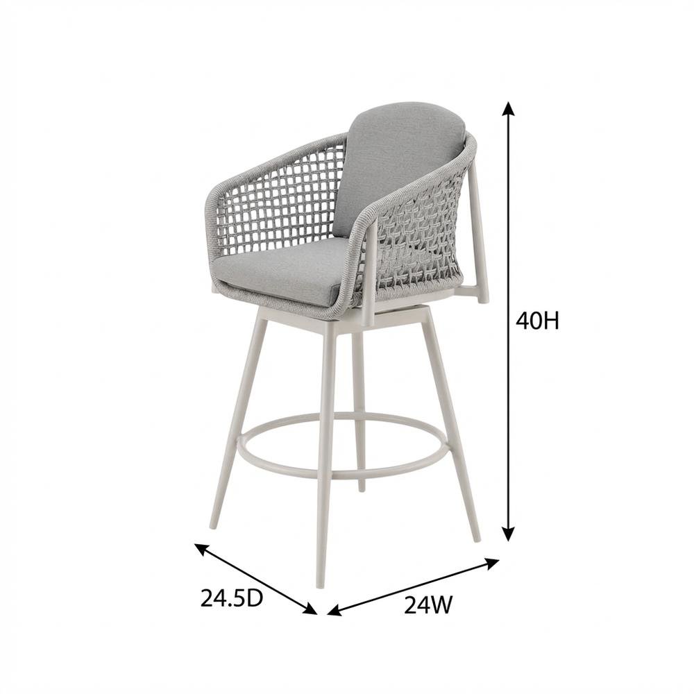 Gray Aluminum Outdoor Bar Stool With Swivel And Light Gray Rope Accents