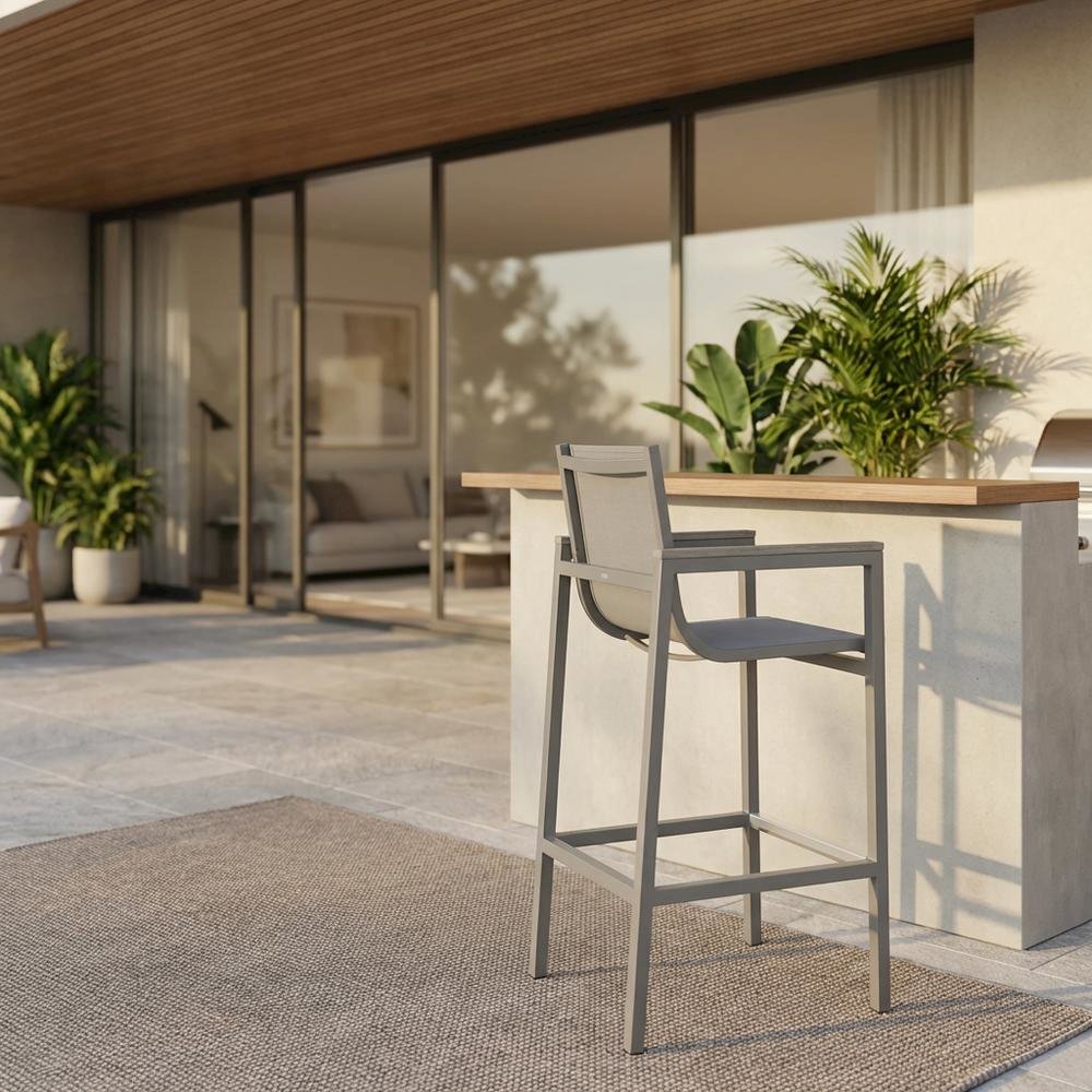 Gray Outdoor Patio Barstool With Armrest Accents, Water And Uv Resistant Finish