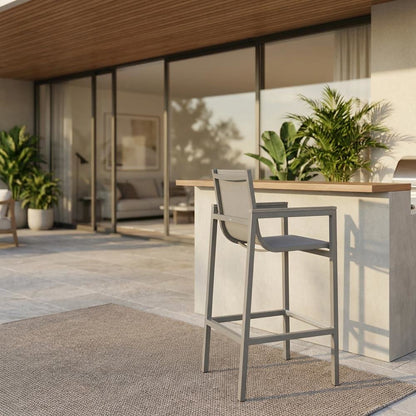 Gray Outdoor Patio Barstool With Armrest Accents, Water And Uv Resistant Finish