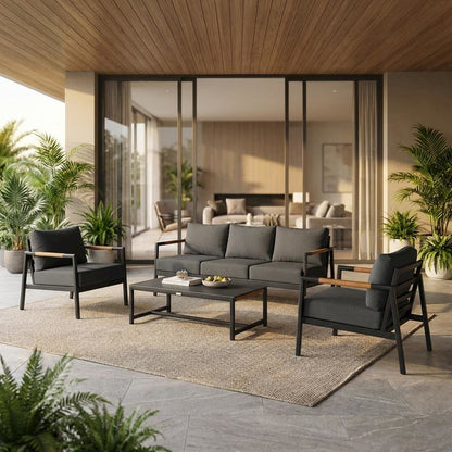 Outdoor Sofa In Black, Dark Gray, Aluminum Frame, Teak Accents, Patio Lounging