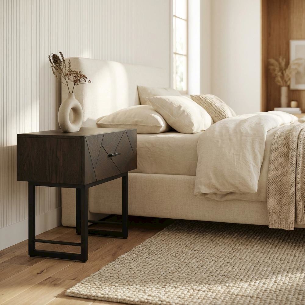Smoke Oak Nightstand with Single Drawer and Black Metal Legs