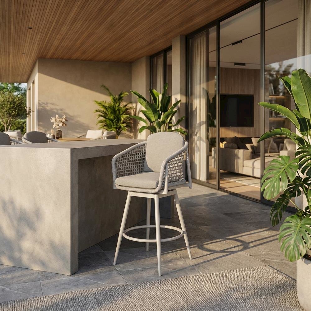 Gray Aluminum Outdoor Bar Stool With Swivel And Light Gray Rope Accents