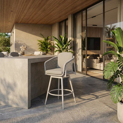 Gray Aluminum Outdoor Bar Stool With Swivel And Light Gray Rope Accents