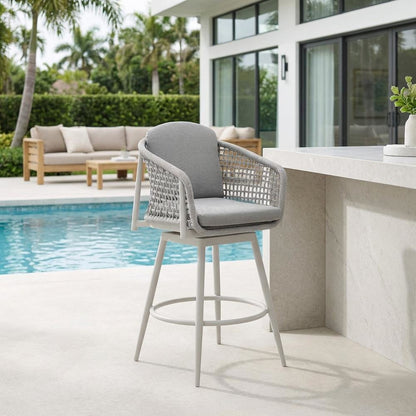Gray Aluminum Outdoor Bar Stool With Swivel And Light Gray Rope Accents
