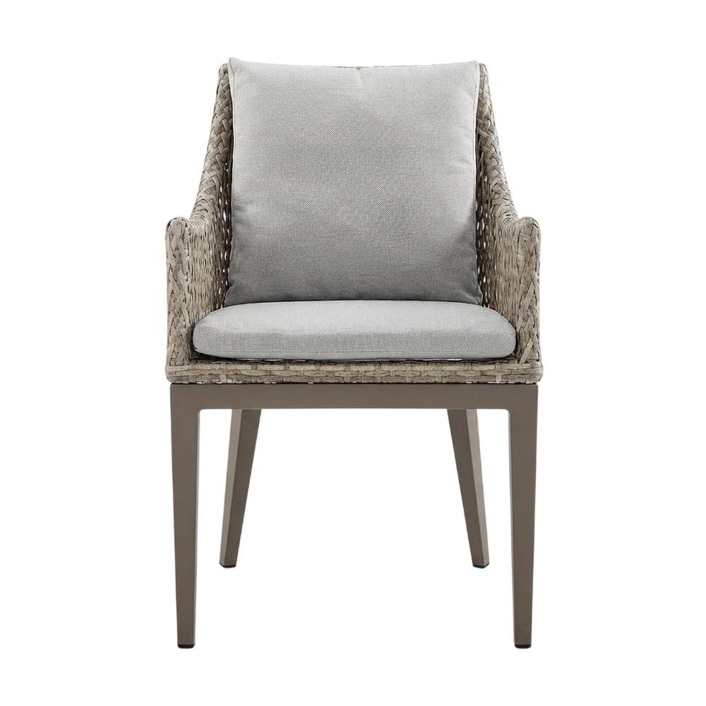 Gray Wicker And Aluminum Outdoor Dining Chairs With Beige Cushions, Set Of 2