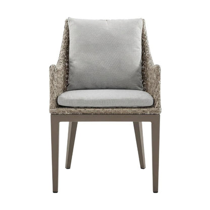 Gray Wicker And Aluminum Outdoor Dining Chairs With Beige Cushions, Set Of 2