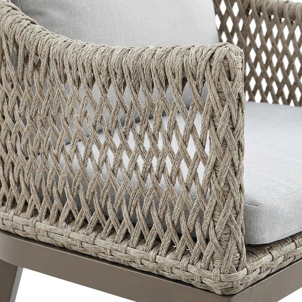 Gray Wicker And Aluminum Outdoor Dining Chairs With Beige Cushions, Set Of 2