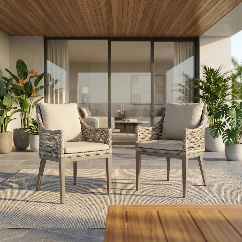 Gray Wicker And Aluminum Outdoor Dining Chairs With Beige Cushions, Set Of 2