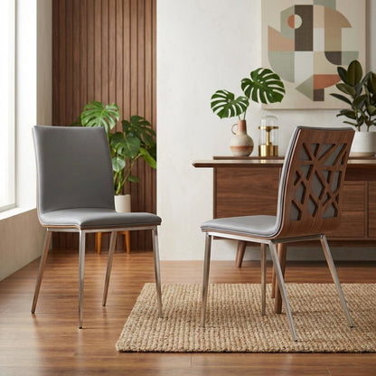 Stainless Steel Dining Chairs with Grey Faux Leather and Walnut Back, Set of 2