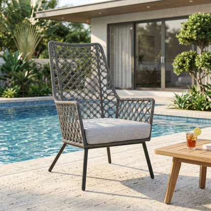 Gray Rope Indoor Outdoor Steel Lounge Chair, Cushioned Seat, Uv Resistance