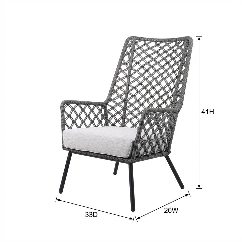 Gray Rope Indoor Outdoor Steel Lounge Chair, Cushioned Seat, Uv Resistance