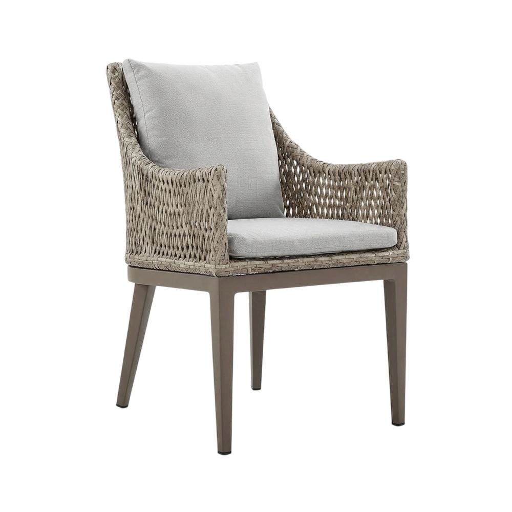 Gray Wicker And Aluminum Outdoor Dining Chairs With Beige Cushions, Set Of 2