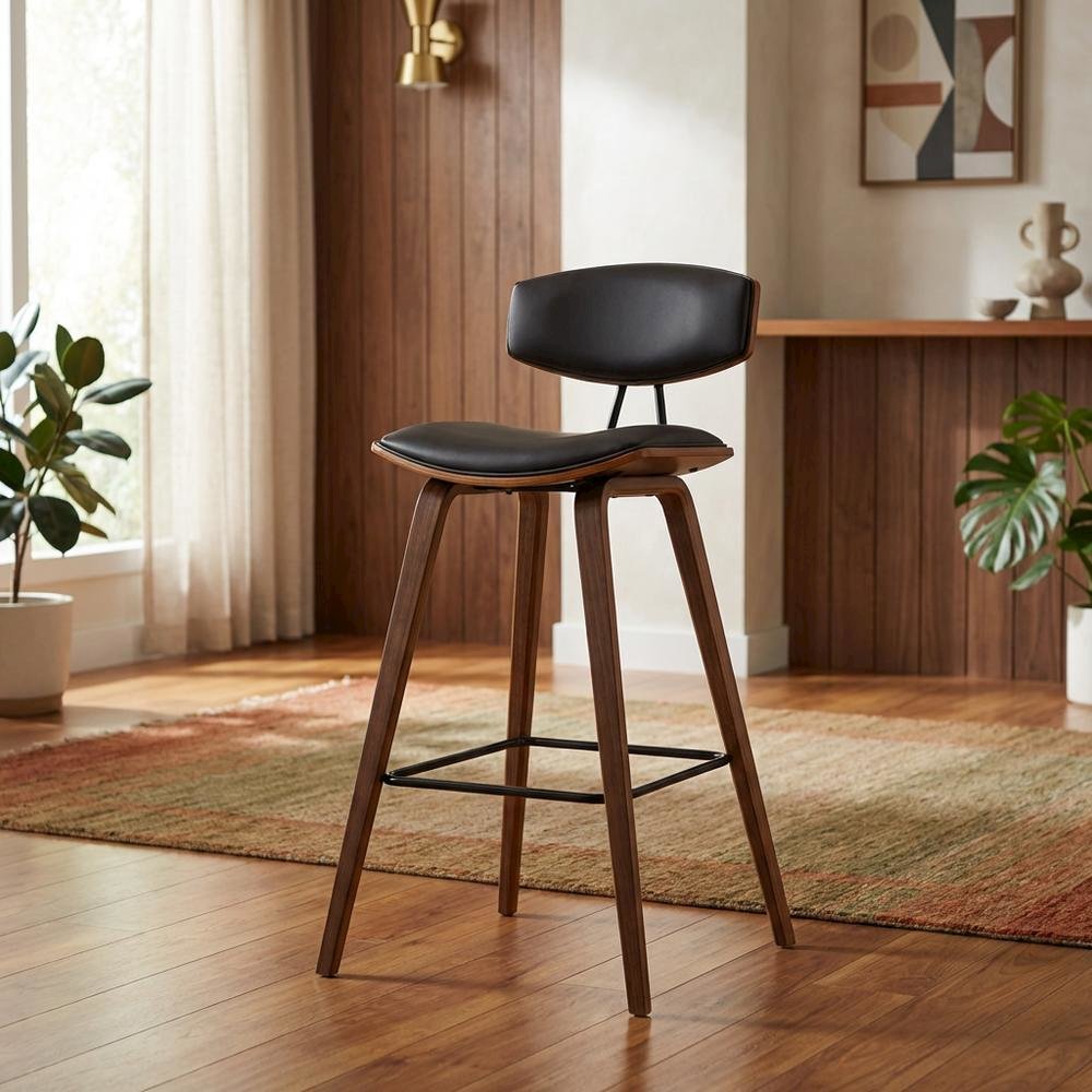 Mid-Century Brown Faux Leather Bar Height Stool with Walnut Wood Frame