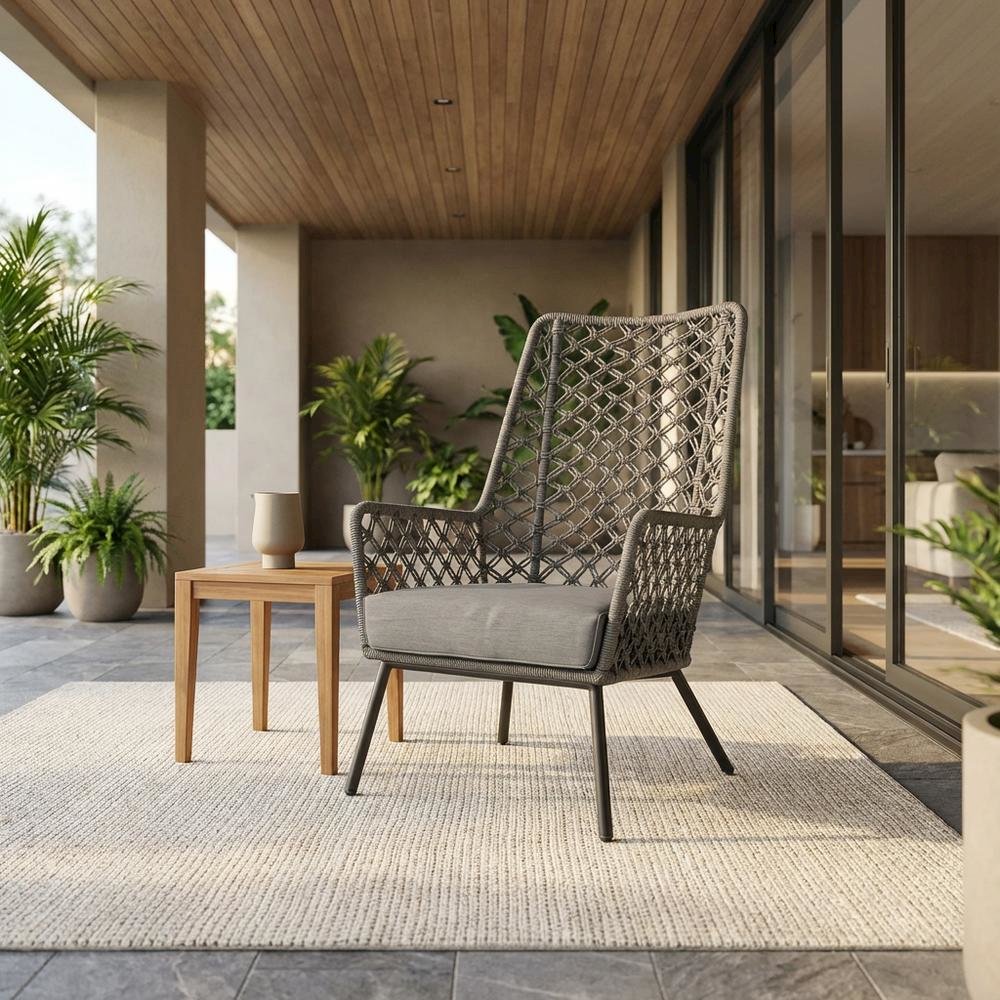 Gray Rope Indoor Outdoor Steel Lounge Chair, Cushioned Seat, Uv Resistance
