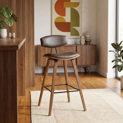 Mid-Century Brown Faux Leather Bar Height Stool with Walnut Wood Frame
