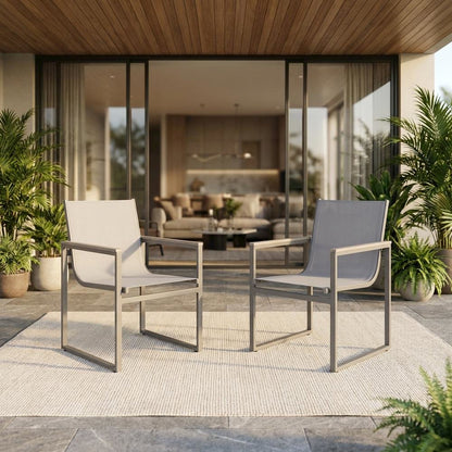 Gray Outdoor Patio Dining Chair Set With Sling Textilene And Wood Accents