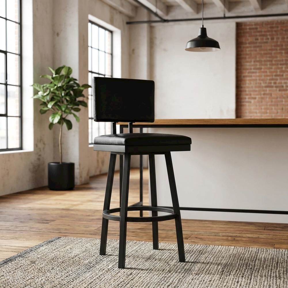Black Counter Height Barstool with Faux Leather Seat and Powder Coated Finish