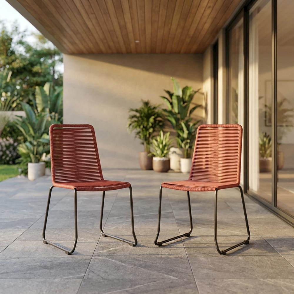 Stackable Outdoor Dining Chairs With Metal Frames And Rope Accents