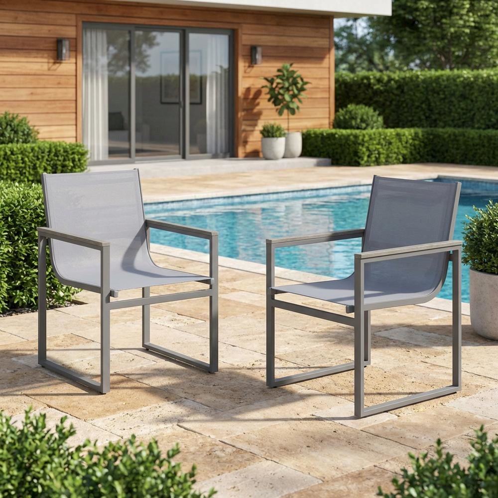 Gray Outdoor Patio Dining Chair Set With Sling Textilene And Wood Accents