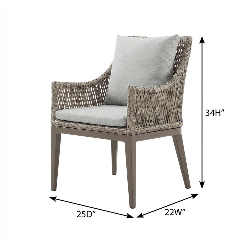 Gray Wicker And Aluminum Outdoor Dining Chairs With Beige Cushions, Set Of 2
