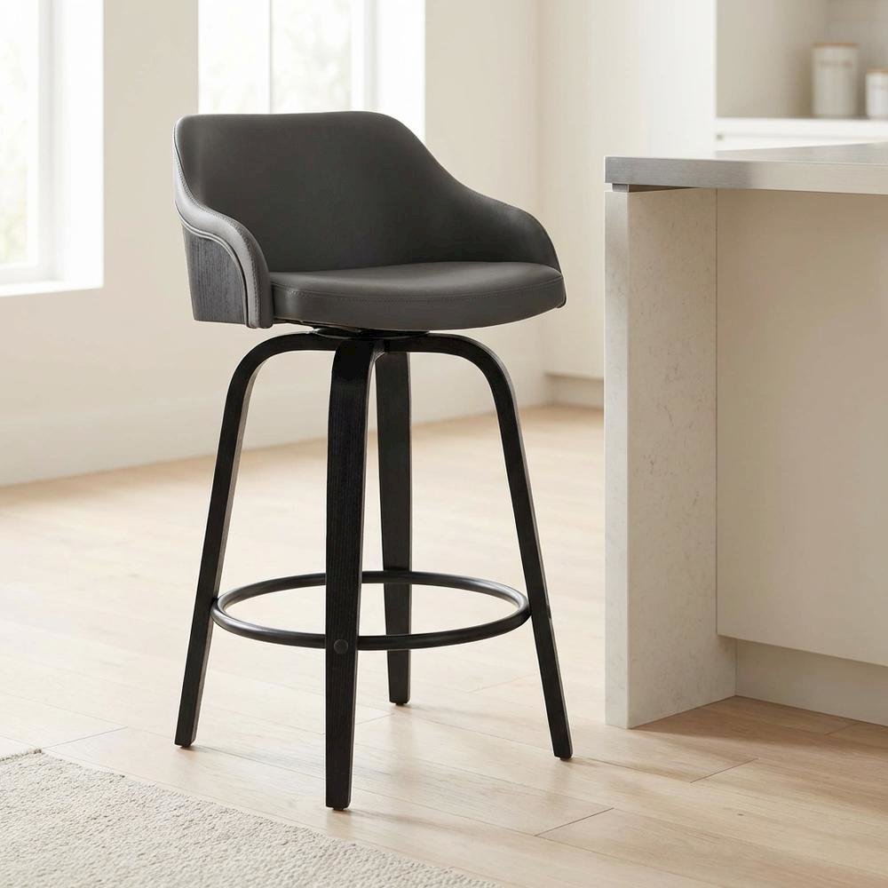 Contemporary Black Wood Finish and Grey Faux Leather Swivel Barstool