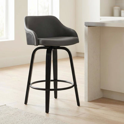 Contemporary Black Wood Finish and Grey Faux Leather Swivel Barstool
