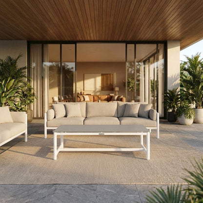 White Aluminum And Teak Wood Outdoor Coffee Table With Water And Uv Resistance