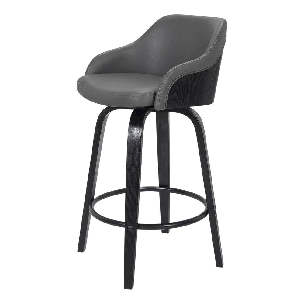 Contemporary Black Wood Finish and Grey Faux Leather Swivel Barstool