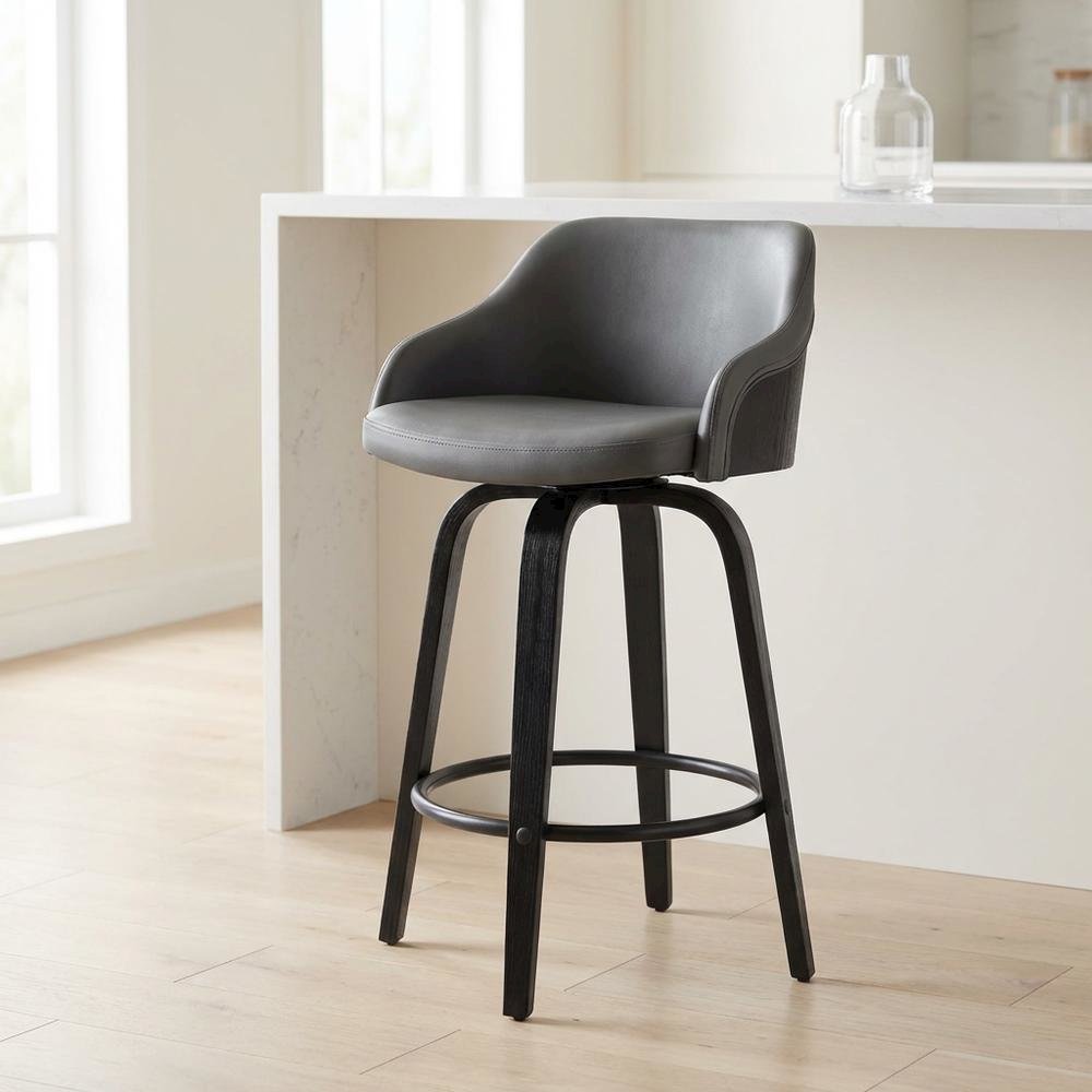 Contemporary Black Wood Finish and Grey Faux Leather Swivel Barstool