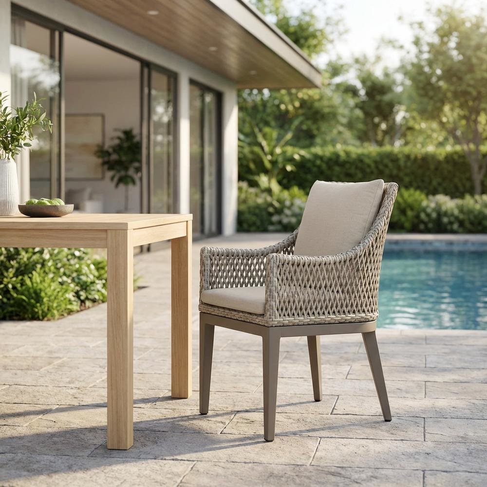 Gray Wicker And Aluminum Outdoor Dining Chairs With Beige Cushions, Set Of 2
