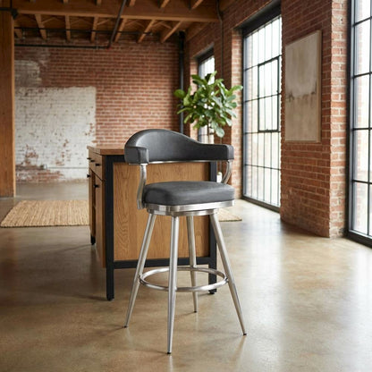 30" Bar Height Barstool with Vintage Gray Faux Leather and Stainless Steel Frame