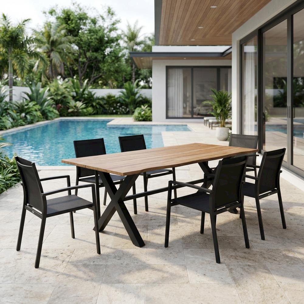 Eucalyptus Wood Outdoor Dining Table With Black Steel Base For Patio Living