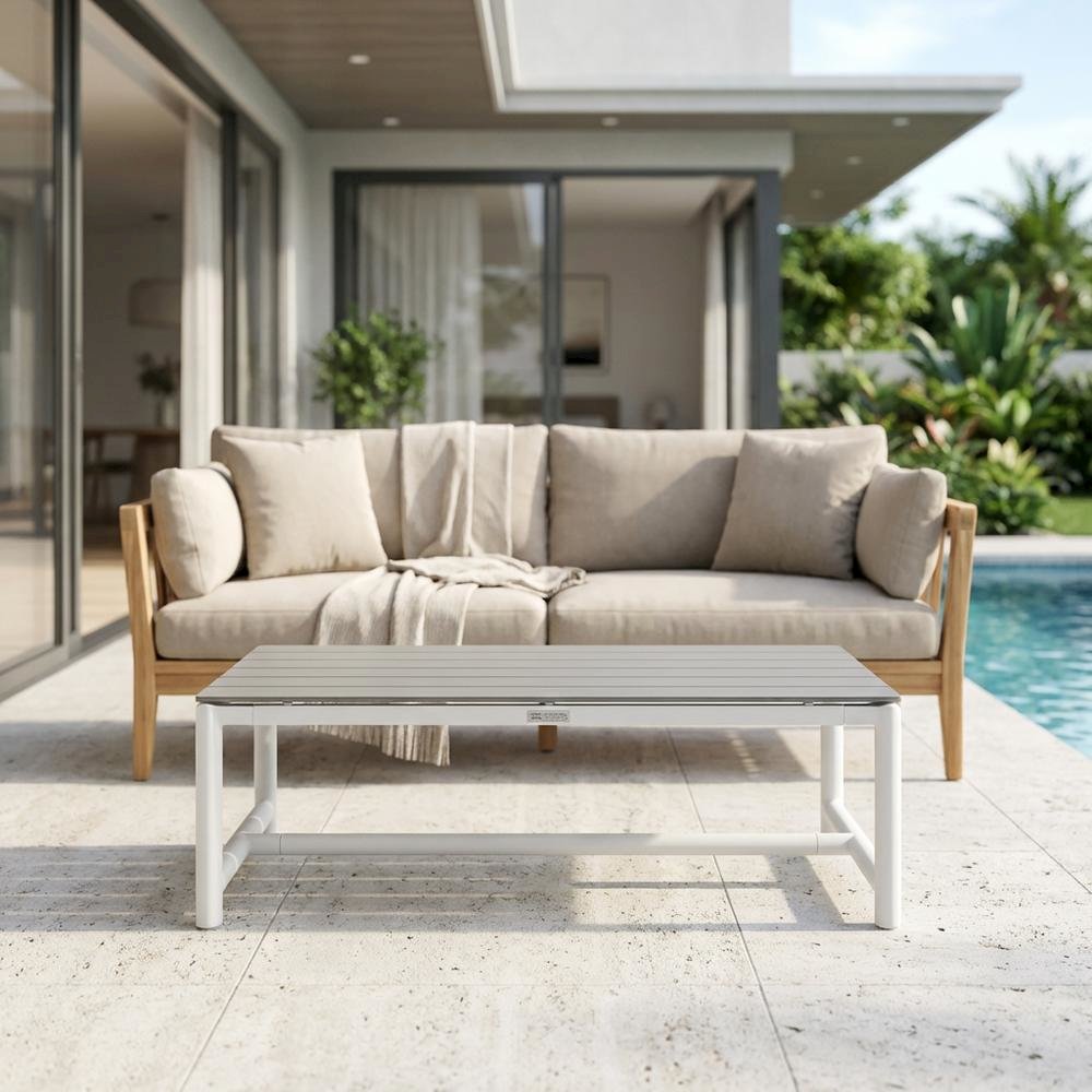 White Aluminum And Teak Wood Outdoor Coffee Table With Water And Uv Resistance