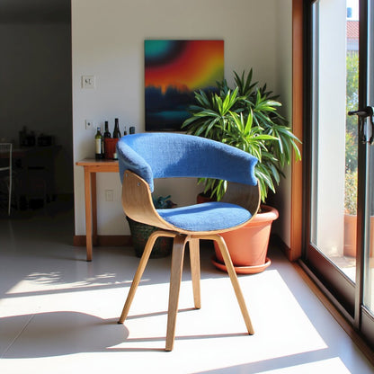 Mid-Century Modern Dining Chair in Blue Fabric with Walnut Wood Frame