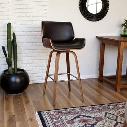 Mid-Century Swivel Bar Stool with Walnut Veneer and Faux Leather Seat