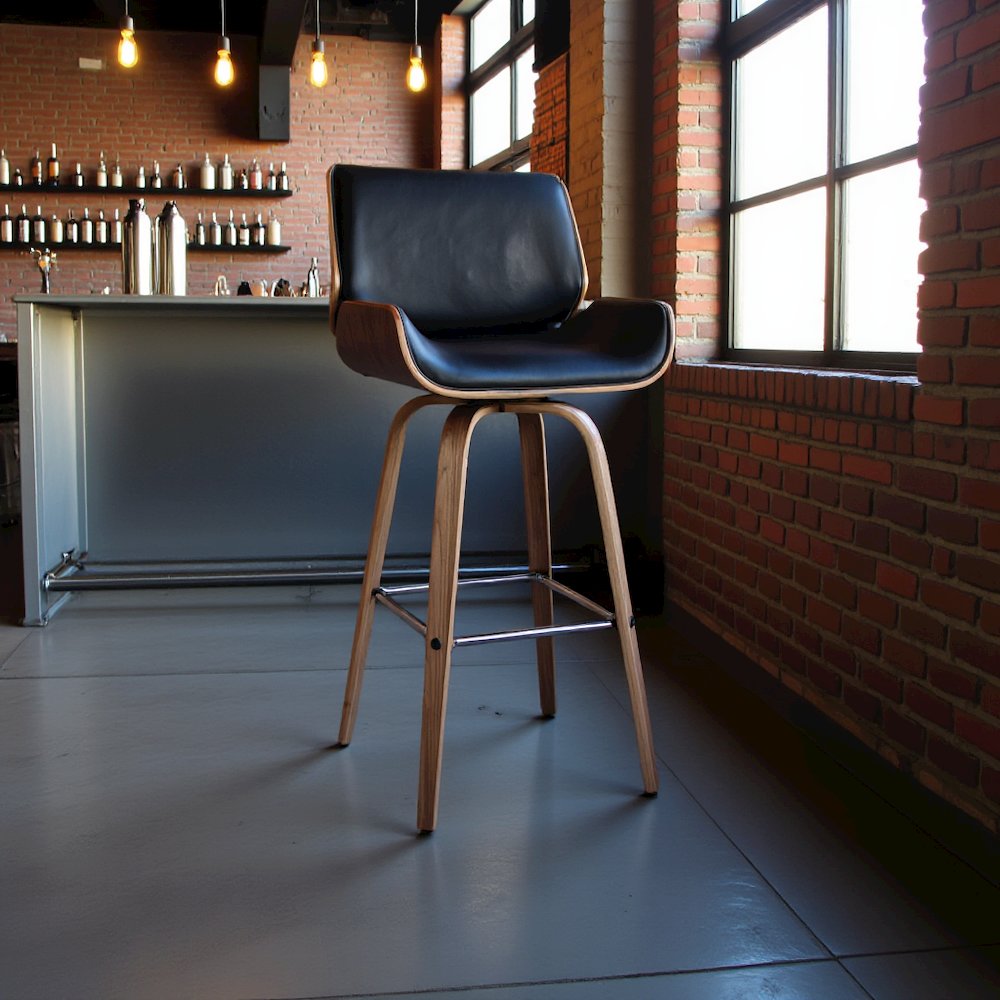 Mid-Century Swivel Bar Stool with Walnut Veneer and Faux Leather Seat