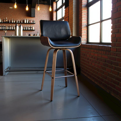 Mid-Century Swivel Bar Stool with Walnut Veneer and Faux Leather Seat