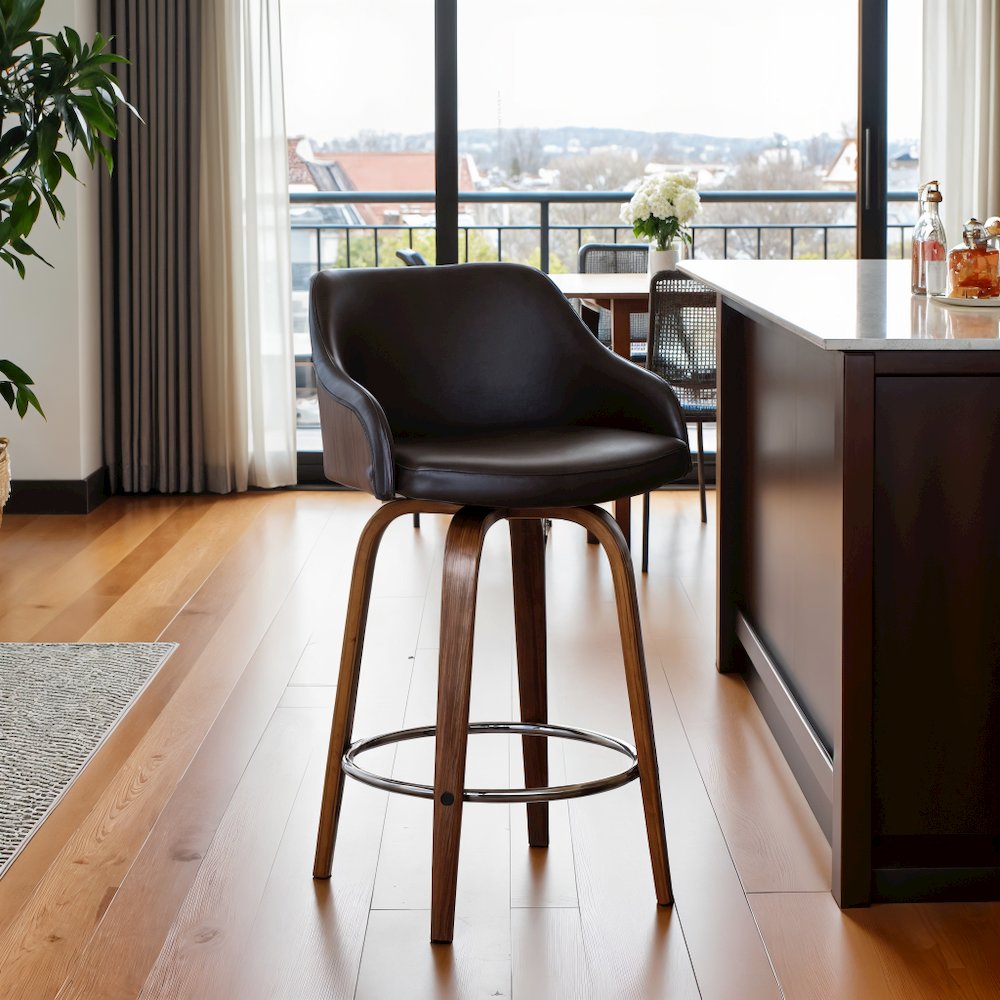 Swivel Counter Bar Stool with Walnut Wood Finish and Brown Faux Leather