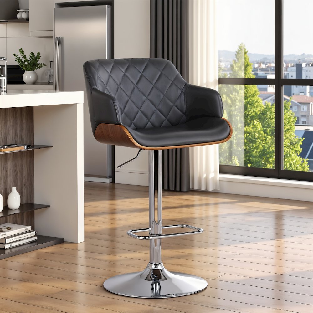 Adjustable Swivel Bar Stool with Grey Faux Leather and Walnut Finish