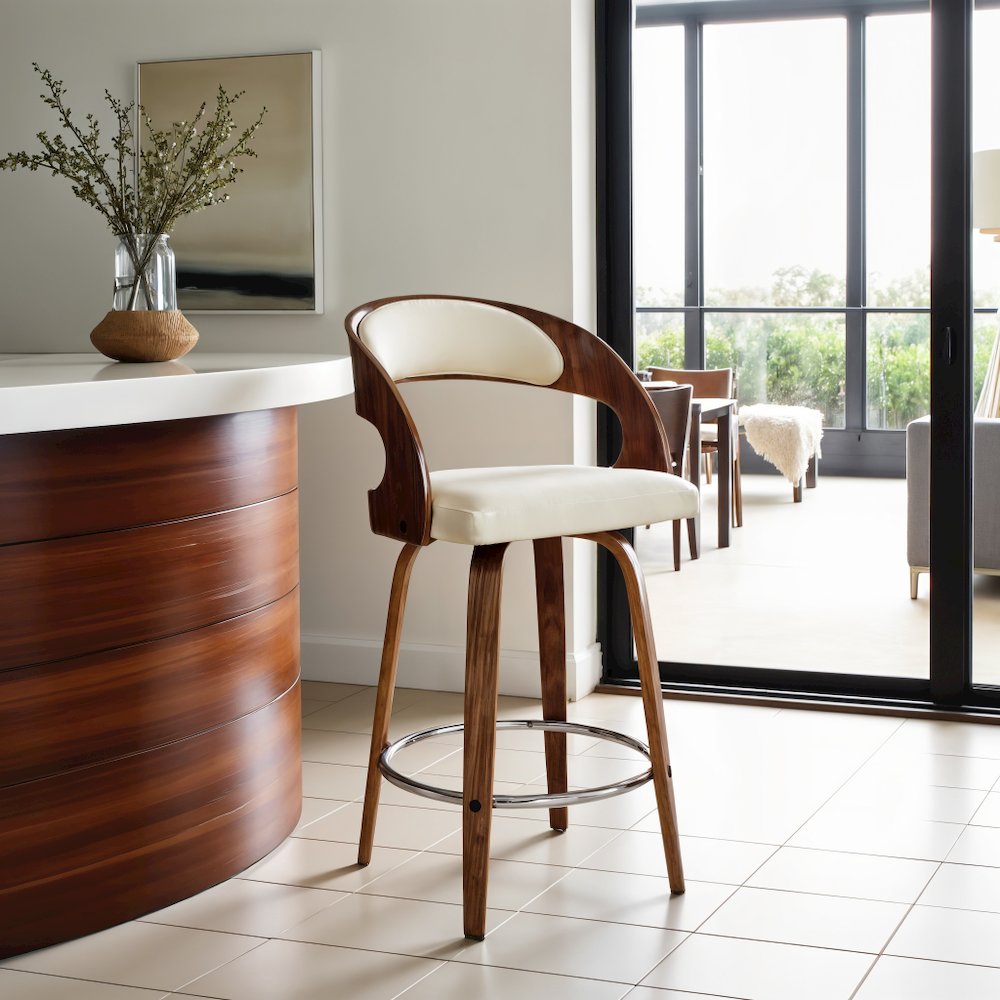 Swivel Counter Bar Stool with Walnut Wood Finish and Cream Faux Leather
