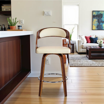 Swivel Counter Bar Stool with Walnut Wood Finish and Cream Faux Leather