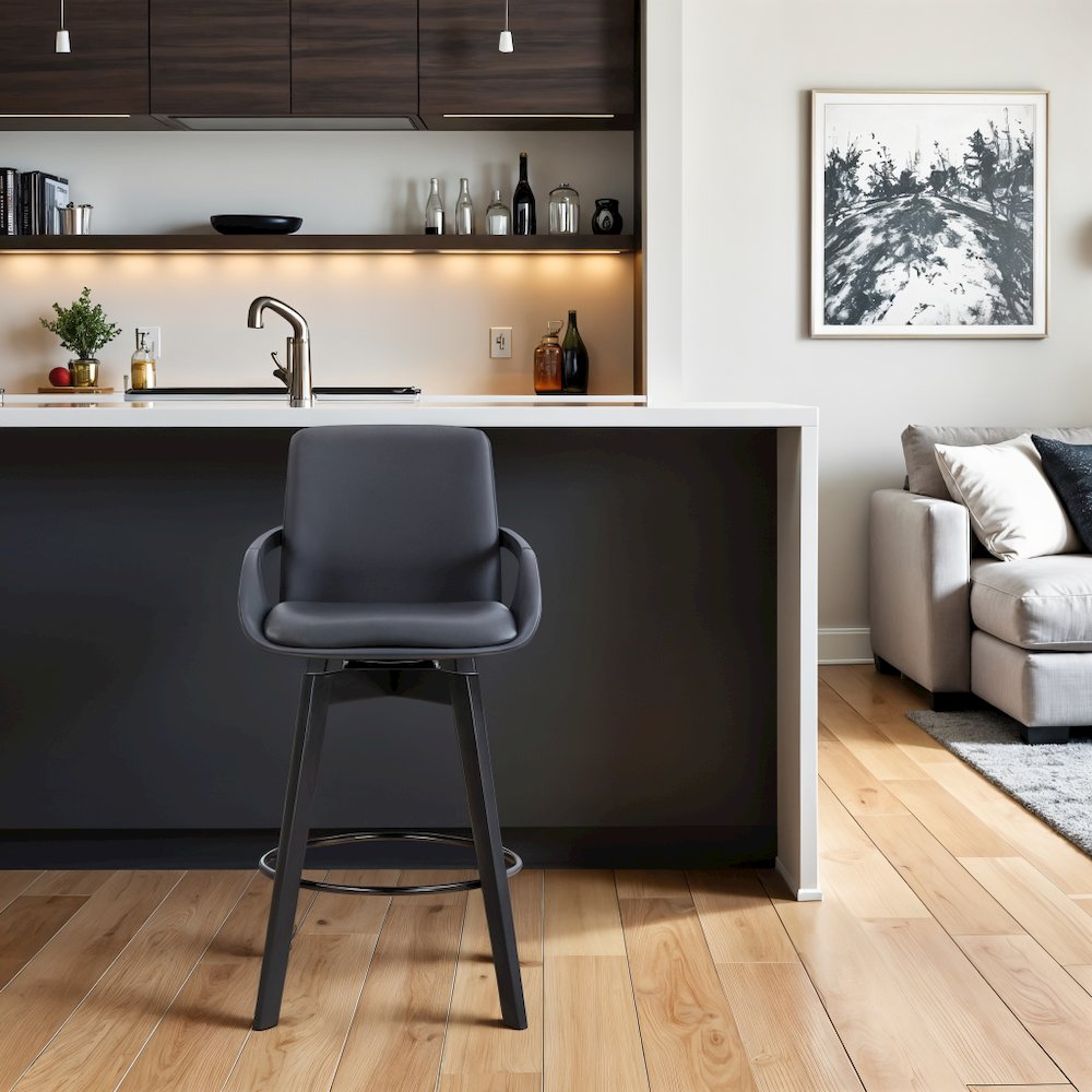 Swivel Wood Bar Chair with Black Faux Leather Seat for Counter Height