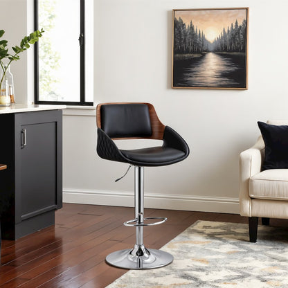 Adjustable Swivel Bar Stool with Black Faux Leather and Chrome Base