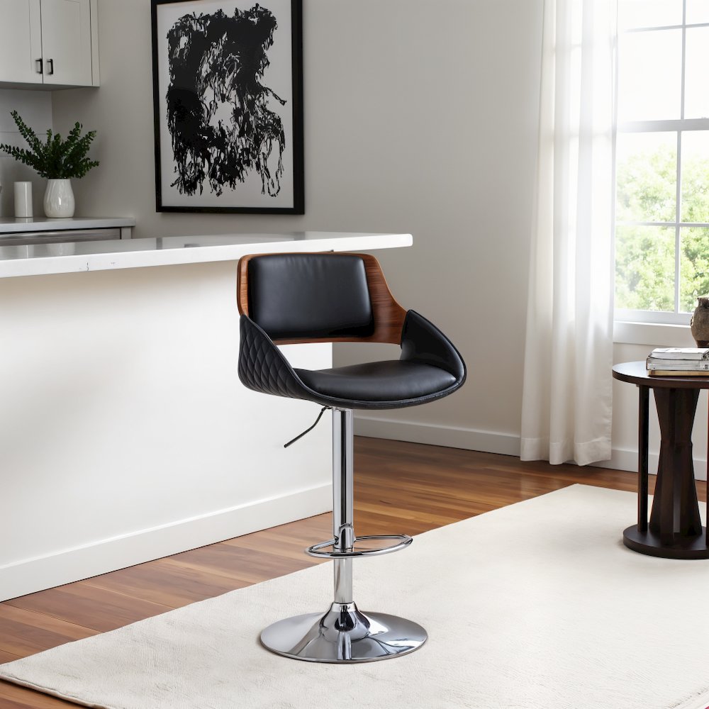 Adjustable Swivel Bar Stool with Black Faux Leather and Chrome Base