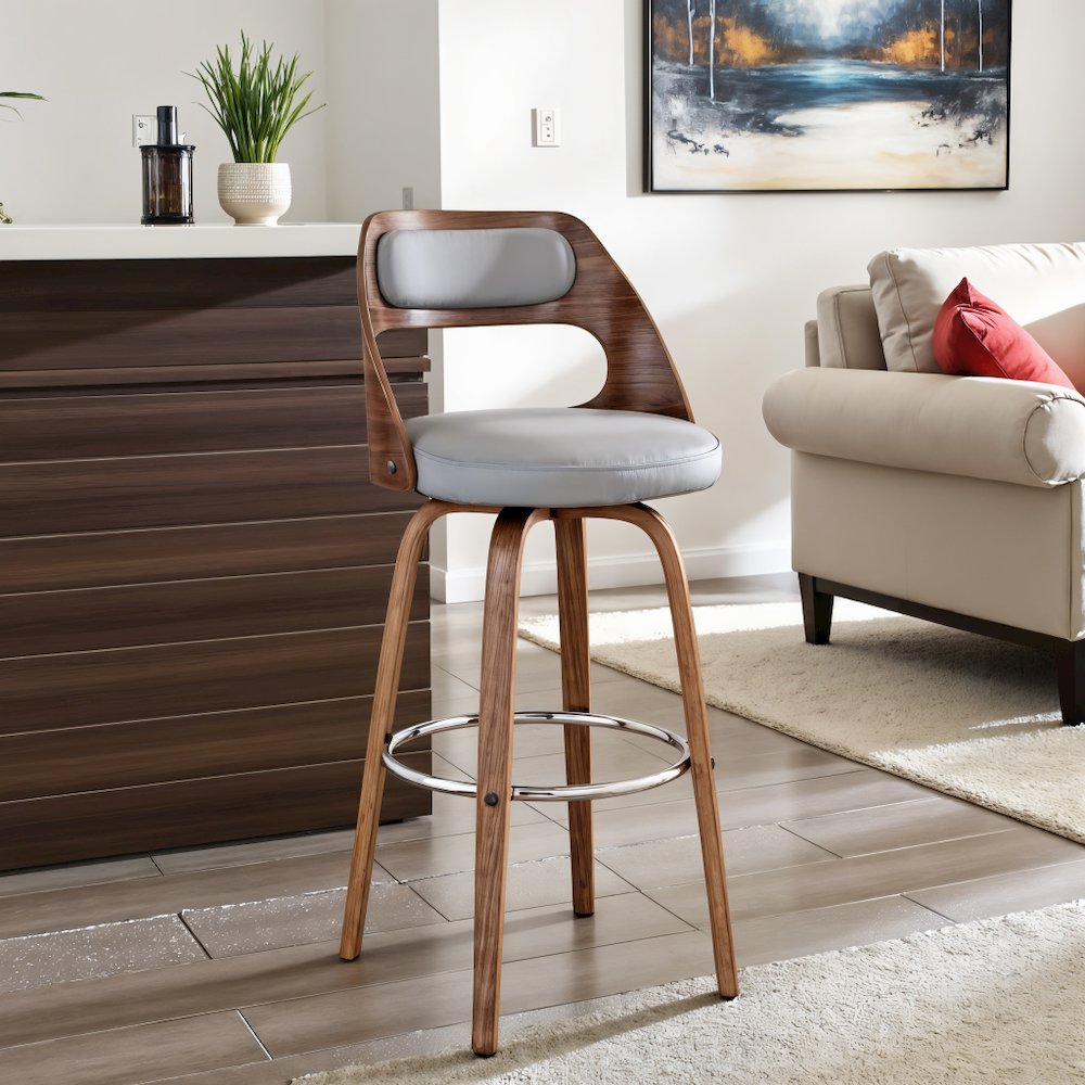 Swivel Bar Stool with Gray Faux Leather Seat and Walnut Wood Finish