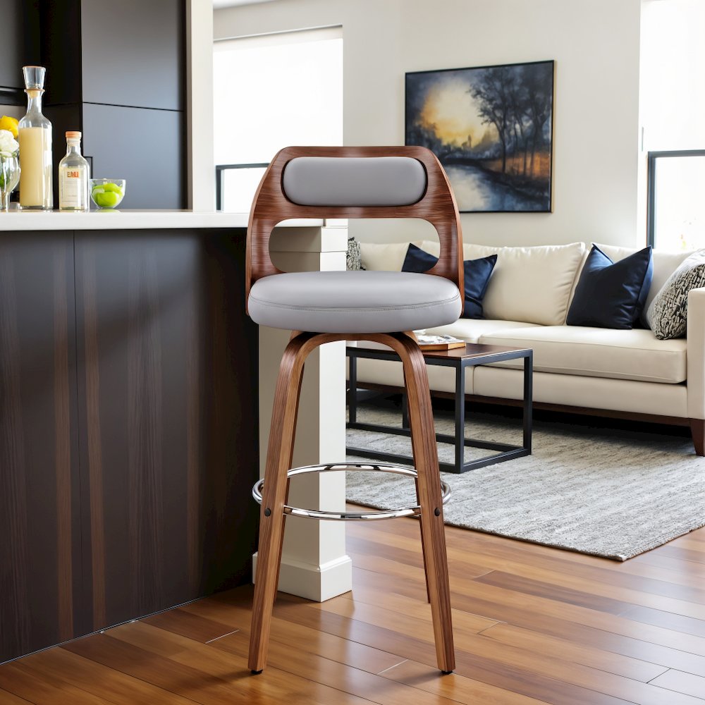 Swivel Bar Stool with Gray Faux Leather Seat and Walnut Wood Finish