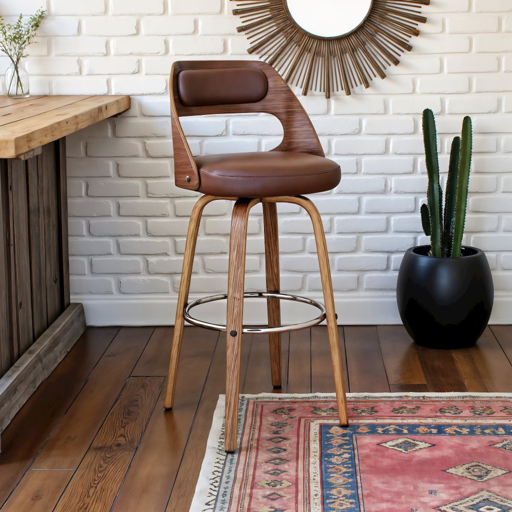 Swivel Bar Stool with Brown Faux Leather Seat and Walnut Wood Frame