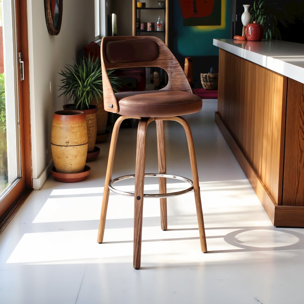 Swivel Bar Stool with Brown Faux Leather Seat and Walnut Wood Frame