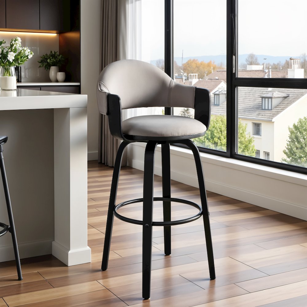 Swivel Bar Stool with Gray Faux Leather Seat and Black Wood Finish